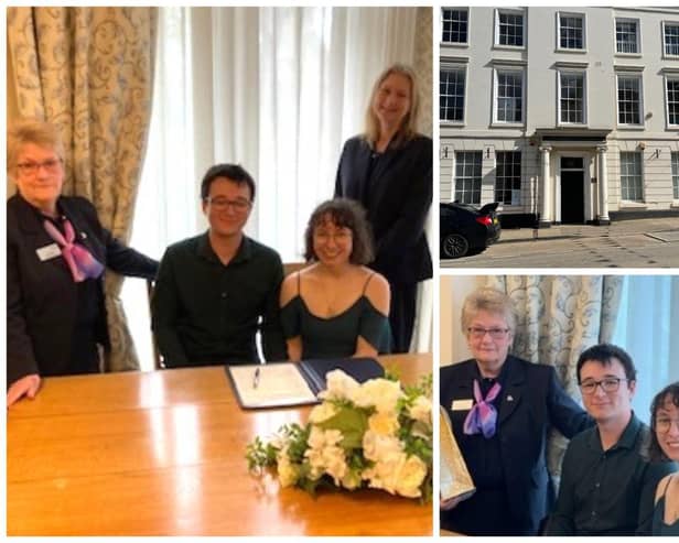 Alexander and Hannah at their marriage ceremony in Pageant House as shows in left photo and bottom right. Top right shows Pageant House in Jury Street in Warwick. Photos supplied by Warwickshire County Council