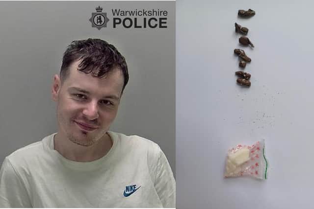 Jamie Considine and the drugs he was in possession of when he was arrested in Leamington in July. Credit: Warwickshire Police
