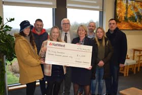 Sean Clarke, OurJay Foundation ambassador, Jem Issitt, Naomi Rees-Issitt, Cllr Derek Poole, Lorraine Marley, Rugby Borough Council’s bereavement services manager, Cllr Simon Ward, OurJay Foundation trustee Tracey Brand and Cllr Mike Hallam attended the cheque presentation at Rainsbrook Crematorium.