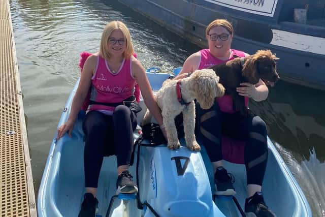 Emma Brayne and Alex Pearson with by Alex’s dogs Archie and Chester setting off at Wootten Wawen. Photo supplied