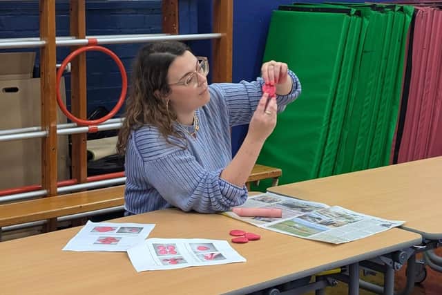 Artist Lottie Wilson at the workshop with Westgate Primary School. Photo supplied by Lord Leycester
