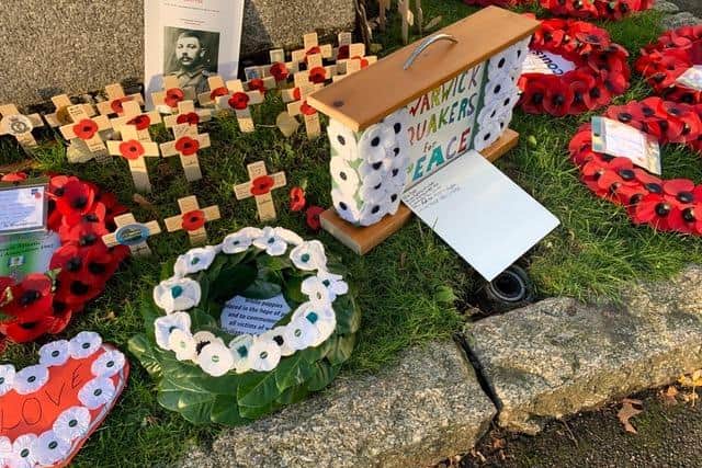 A White Poppy wreath laid at the war memorial in Leamington last year. Picture supplied.