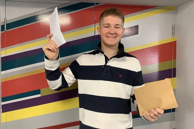 Myton School student George celebrates his A-level results.