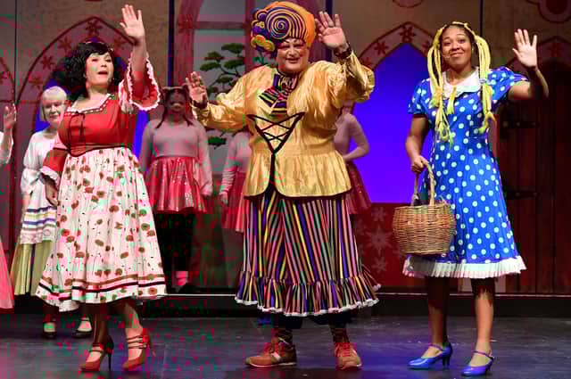 Bethan Amos as Snow White, Stephen Bradnam as Wendy Wibble Wobble and Jayde Dankaro as Goldilocks. Photo: Martin Pulley.