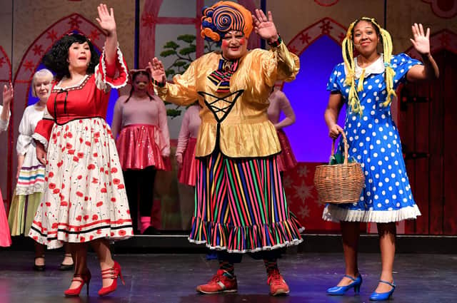 Bethan Amos as Snow White, Stephen Bradnam as Wendy Wibble Wobble and Jayde Dankaro as Goldilocks. Photo: Martin Pulley.