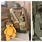 Left: Pooh Bear wearing a Royal Warwickshire Regiment cap sat in front of a First World War replica uniform. Right: A. A. Milne as a signals officer for the Royal Warwickshire Regiment in the First World War. Pictures supplied.