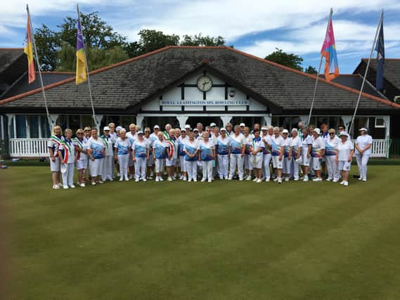 The lady Yorkshire President’s team are pictured with all the Royal Leamington Spa Bowls Club team, standing on the green in front of the main clubhouse.