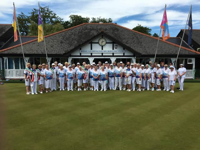 The  lady Yorkshire President’s team are pictured with all the Royal Leamington Spa Bowls Club team, standing on the green in front of the main clubhouse.