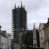 Scaffolding has now reached the top of St Mary's Tower ahead of restoration work taking place. Photo by Geoff Ousbey