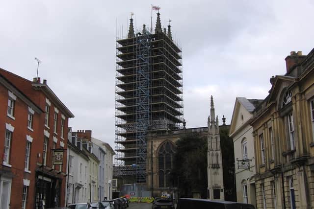 Scaffolding has now reached the top of St Mary's Tower ahead of restoration work taking place. Photo by Geoff Ousbey