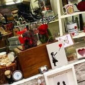 A library picture of one of the shops decorated for Valentine's Day.