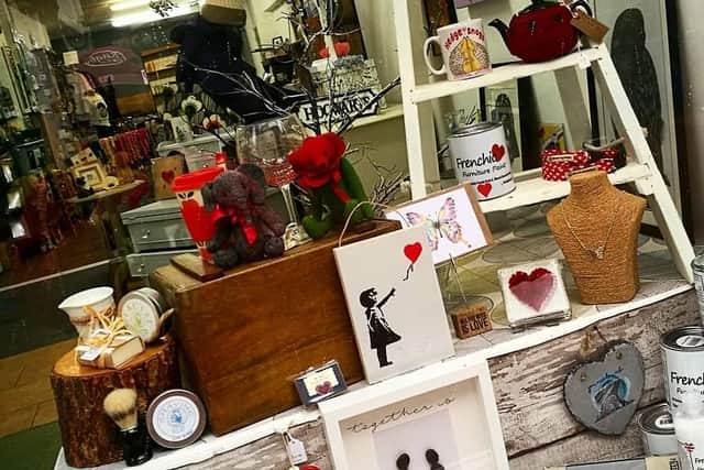 A library picture of one of the shops decorated for Valentine's Day.