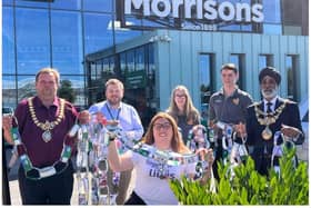 Photo shows: Mayor of Leamington Cllr Nick Wilkins, people manager Dan Spiers, people clerk Hannah Wainwright, customer assistant Will Potts, community champion Alex Pearson and the Mayor of Warwick Cllr Parminder Singh Birdi