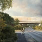 Balsall Common viaduct over Station Road looking north - current design - polished concrete with pattern. Picture courtesy of HS2.