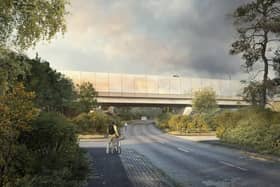 Balsall Common viaduct over Station Road looking north - current design - polished concrete with pattern. Picture courtesy of HS2.