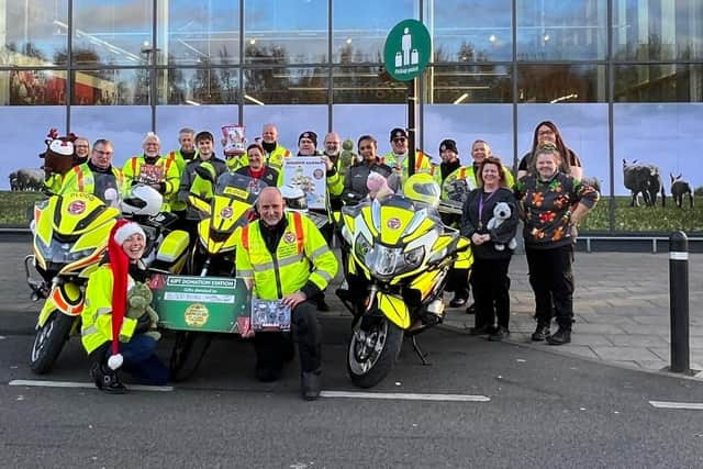The Warwickshire and Solihull Blood Bikes team with staff outside Morrisons in Leamington where a collection os currently taking place for the bikers' Toy Run on Saturday (December 17). Picture supplied.