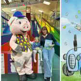 ‘Snorty the Pig’, the giant mascot at Hatton Country World has launched his first children’s book. The book, entitled ‘Magical happenings at Hatton Country World’, has been helped along by Arabella Arkwright, co-owner of Hatton. Left shows: Snorty, Cora Noonan (a visitor) and Arabella Arkwright.