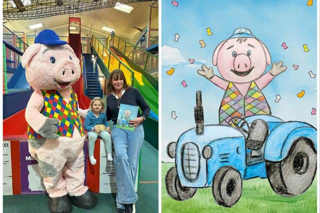 ‘Snorty the Pig’, the giant mascot at Hatton Country World has launched his first children’s book. The book, entitled ‘Magical happenings at Hatton Country World’, has been helped along by Arabella Arkwright, co-owner of Hatton. Left shows: Snorty, Cora Noonan (a visitor) and Arabella Arkwright.