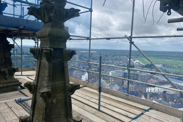 The 160ft tower has been restored thanks to extensive repairs to its stonework, clock faces, pinnacles and heraldic shields