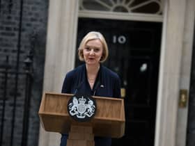 Britain's Prime Minister Liz Truss delivers a speech outside of 10 Downing Street in central London on October 20, 2022 to announce her resignation. - British Prime Minister Liz Truss announced her resignation on after just six weeks in office that looked like a descent into hell, triggering a new internal election within the Conservative Party. (Photo by Daniel LEAL / AFP) (Photo by DANIEL LEAL/AFP via Getty Images)
