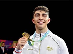 Leamington boxer Lewis Williams with his gold medal for winning the heavyweight division of the Birmingham 2022 Commonwealth Games. Picture courtesy of Reece Singh promotions.