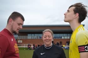 Referee Amanda Woolley with the captains of Southam Utd and Midland Rovers doing the coin toss.