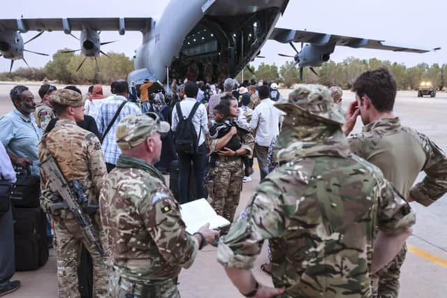 The evacuation of British Nationals onto an awaiting RAF aircraft at Wadi Seidna Air Base in Khartoum, Sudan at the weekend.