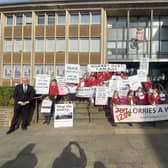 Nearly 40 children from Barford St Peter’s School went to Shire Hall to express their concerns regarding the proposed quarry at Wasperton Farm. They were met there, and supported by, Warwick and Leamington MP Matt Western (left), Cllr Jan Matecki (right) and Cllr Alan Rhead(middle back). Photo supplied