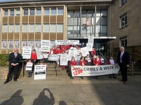 Nearly 40 children from Barford St Peter’s School went to Shire Hall to express their concerns regarding the proposed quarry at Wasperton Farm. They were met there, and supported by, Warwick and Leamington MP Matt Western (left), Cllr Jan Matecki (right) and Cllr Alan Rhead(middle back). Photo supplied