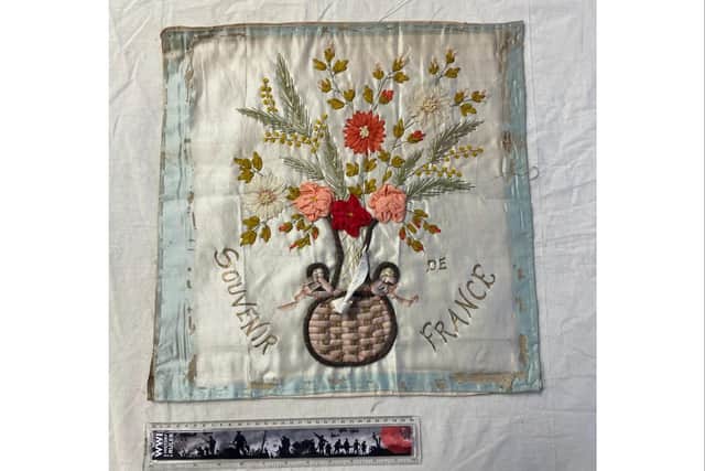 Work Albert Randall brought back from France for his sweetheart Lily and right shows late Victorian embroidery. Photo supplied