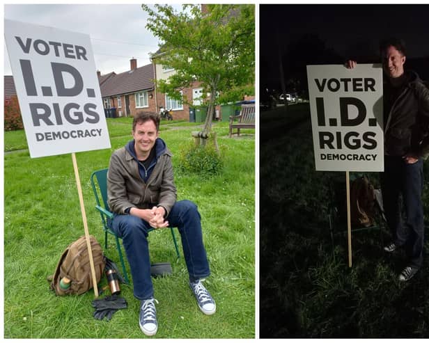 Tom Garner held an all-day solo protest against voter ID at the local elections in Kenilworth.