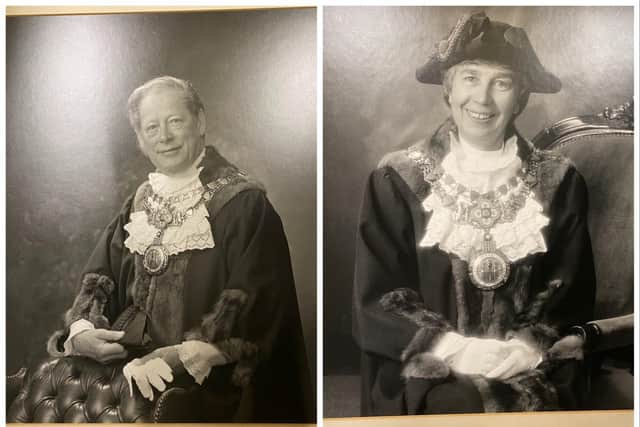 Two of the former mayor photographs. Left shows:  William Boxley (1990 - 1991)  right shows: Marion Haywood (1987 - 1988). Photos by Unlocking Warwick