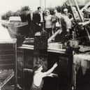 Lock gate being lowered at Engine Lock to mark the start of the restoration of the Caldon Canal. 1973. Credit: Canal & River Trust.