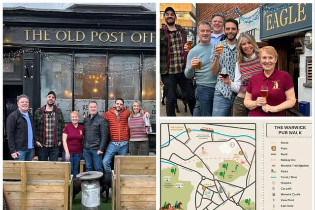 Photo shows: Chris Proudfoot, The Fourpenny Shop Hotel, Tom Buxton, The Cape of Good Hope; Sally-Jane Downes, Heart of Warwickshire CAMRA; Tim Maccabee, The Eagle and Old Post Office; Alex Ridgway, The Wild Boar (and Slaughterhouse Brewery) and Rachel Silverthorne, The Eagle and Old Post Office outside the Old Post Office and The Eagle pubs in Warwick. Bottom right shows the pub map. Photos supplied