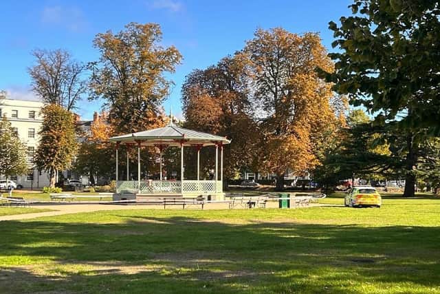 The area around the Bandstand at the Pump Room Gardens in Leamington has been cordoned off after the incident. Picture supplied.