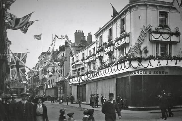 The E. Francis & Sons store in Leamington during the coronation of King George V in 1911 - Barry Hickman Collection Leamington History Group Archive.