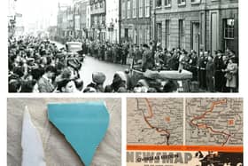 Warwickshire’s infantry regiment museum, The Fusilier Museum in Jury Street, will be welcoming its visitors to commemorate VE day 2025, which remembers the official surrender of Germany and subsequent declaration of peace in Britain and Europe at the end of the Second World War. Top shows: Field Marshal Montgomery in Warwick, bottom left shows pieces of tile from Hitler’s cloakroom in the Chancellory in Berlin and bottom right shows an armed forces map from April 1945. Photos supplied by Fusilier Museum