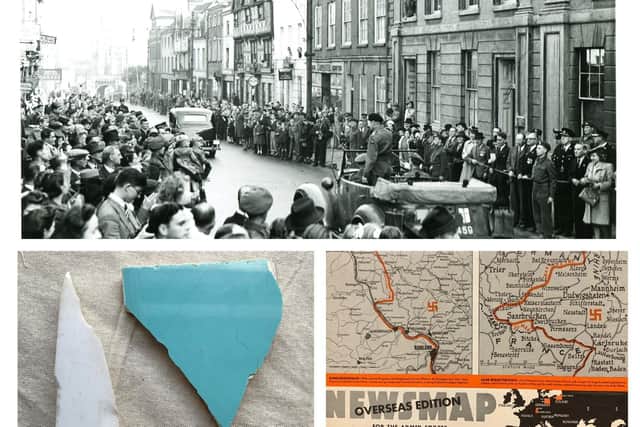 Warwickshire’s infantry regiment museum, The Fusilier Museum in Jury Street, will be welcoming its visitors to commemorate VE day 2025, which remembers the official surrender of Germany and subsequent declaration of peace in Britain and Europe at the end of the Second World War. Top shows: Field Marshal Montgomery in Warwick, bottom left shows pieces of tile from Hitler’s cloakroom in the Chancellory in Berlin and bottom right shows an armed forces map from April 1945. Photos supplied by Fusilier Museum