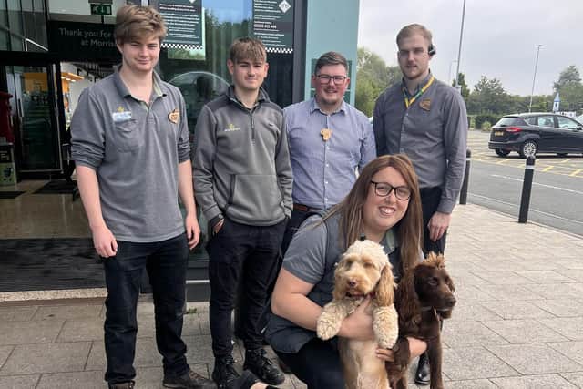 Morrisons staff supporting Alex Pearson as she gets ready to take on her seventh charity event of this year. Photo shows: Ed Curling, Jack Day, Jack Pearson, store manager Rob Apted and community champion Alex Pearson. Photo supplied