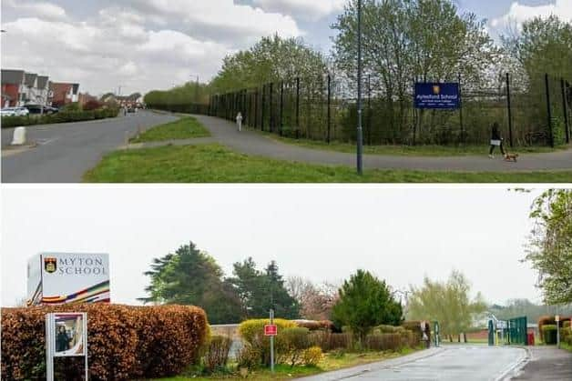 Two secondary schools in Warwick have faced major disruption to the start of their school year after being identified as having a type of potentially dangerous concrete. Ayelsford School and Myton School are among the many schools in England that have been forced to close some of its buildings due to the national reinforced autoclaved aerated concrete (Raac) saga. Top photo shows Aylesford School (Photo by Google Street View) and bottom photo shows Myton School (Photo by Mike Baker).