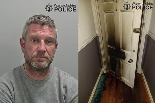 Ross Young and the front door he set fire to. Pictures courtesy of Warwickshire Police.