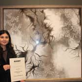 Anya Kalsi was awarded Rugby Open 24 exhibition’s first prize for her painting, Echoes of Entanglement.