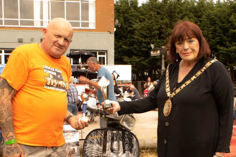 Rugby Mayor Maggie O'Rourke presenting awards to MIchael Stockwell for Best Vespa and Best in Show.