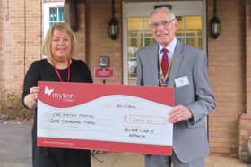 Louise Careless, community fundraiser at The Myton Hospices with Warwick Rotary President Keith Talbot. Photo supplied
