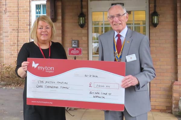 Louise Careless, community fundraiser at The Myton Hospices with Warwick Rotary President Keith Talbot. Photo supplied
