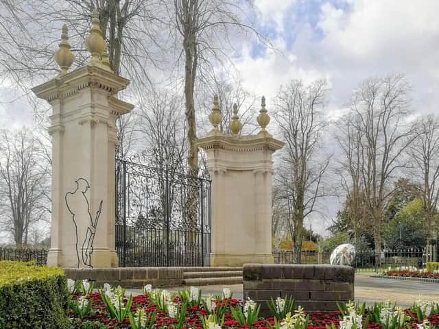 The war memorial gates in Rugby.