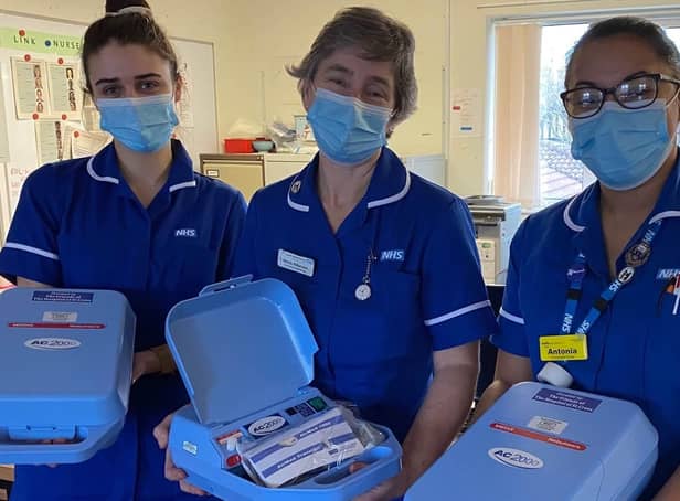 The six nebulizers were handed over to community nurses Catherine Bent, Wendy Williamson and Antonia Harris.