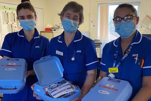 The six nebulizers were handed over to community nurses Catherine Bent, Wendy Williamson and Antonia Harris.