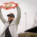 Danny Quartermaine shows off his IBF European Super Featherweight belt at Leamington FC on Saturday. Credit: Cameron Murray