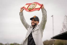 Danny Quartermaine shows off his IBF European Super Featherweight belt at Leamington FC on Saturday. Credit: Cameron Murray